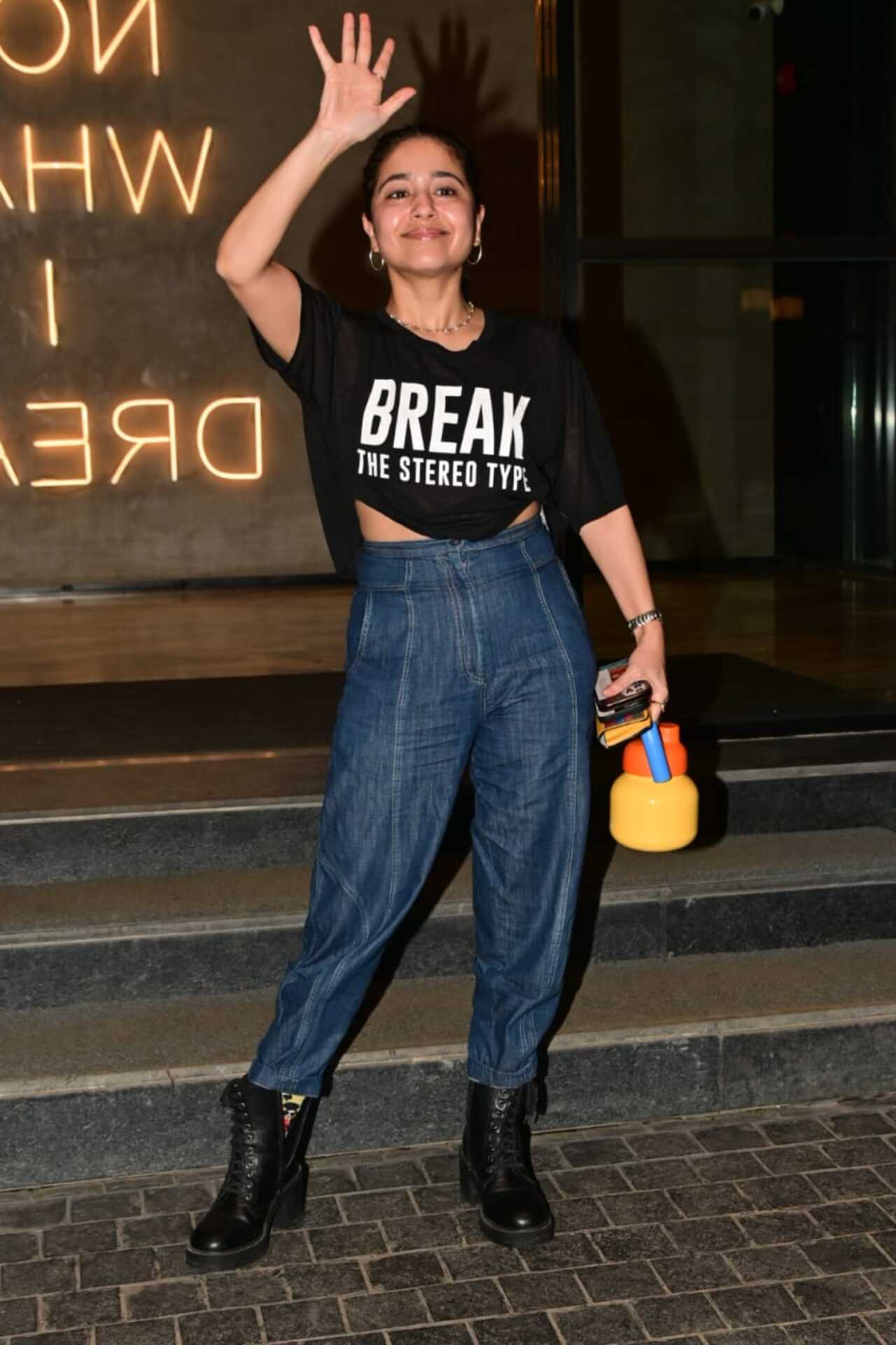 Shweta Tripathi SHara beamed with joy as she arrived at the screening. What caught our attention was her quirky t-shirt that had a message: 'Break The Stereo Type.'